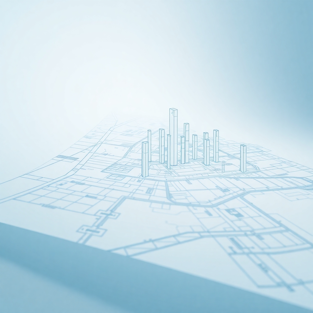 Carte en 3D avec élévations stylisées de bâtiments symbolisant un projet urbain en cours de modélisation