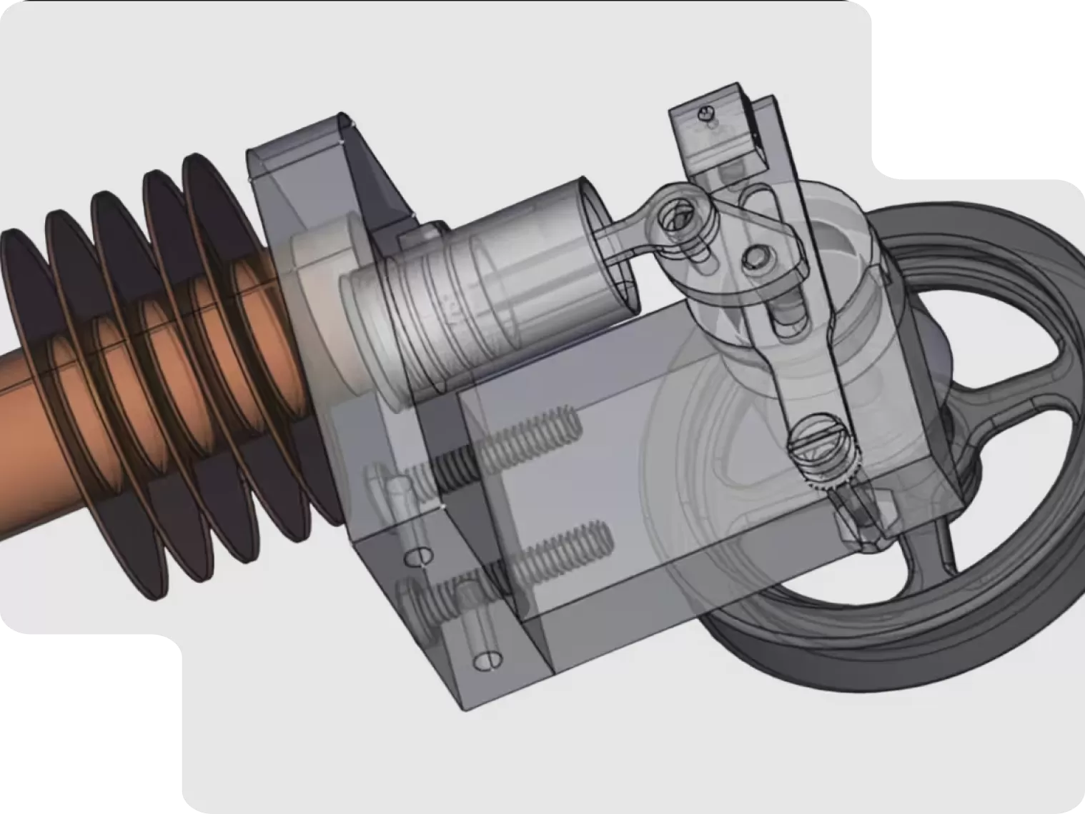Assemblage mécanique complexe modélisé en 3D sur FreeCAD avec visualisation des composants internes et relations de contraintes