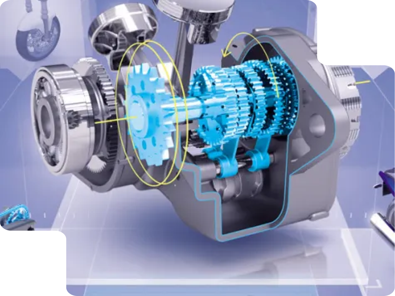 Modélisation 3D d’un système mécanique complexe réalisée sur Catia, logiciel de conception assistée par ordinateur utilisé en ingénierie et conception industrielle