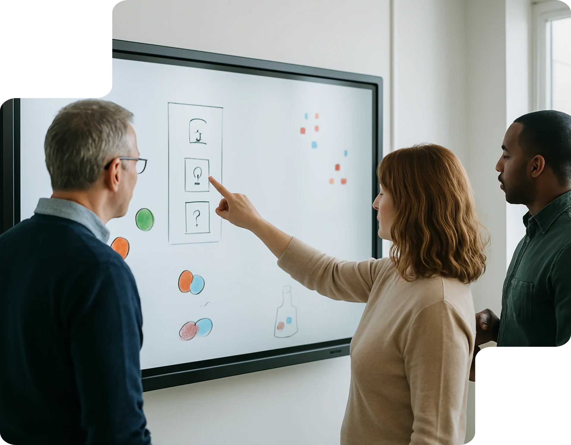 Concevoir ensemble des parcours de formation efficaces Trois personnes collaborent autour d’un écran interactif affichant des icônes et schémas pédagogiques