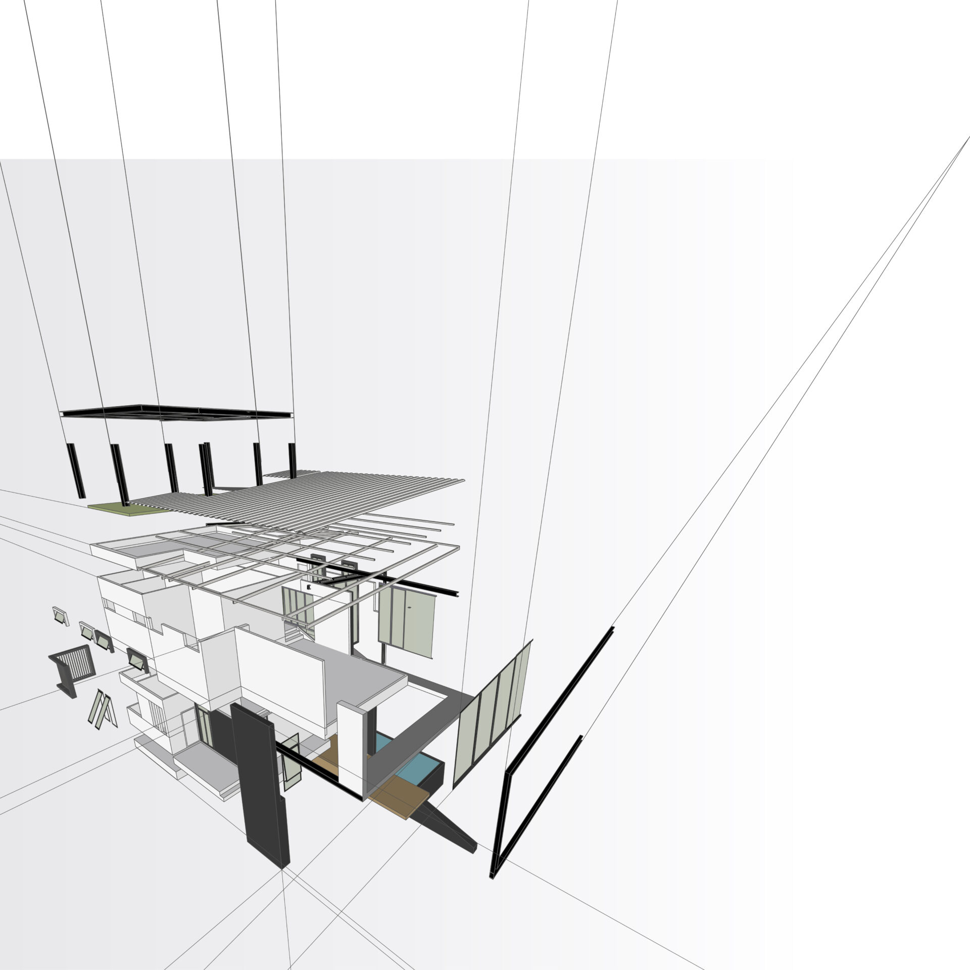 Illustration d’une maquette numérique décomposée présentant l’organisation structurelle d’un bâtiment en coupe axonométrique