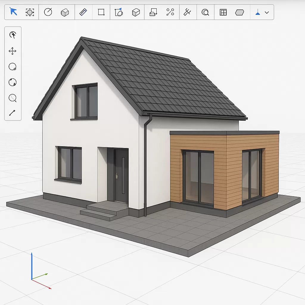 Modèle 3D d’une maison moderne combinant une structure principale blanche à toit en pente et une extension cubique en bardage bois, illustrant les compétences en conception 3D et modélisation architecturale.