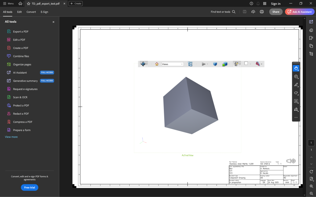 Capture d’écran de FreeCAD affichant un modèle 3D simple en forme de cube sur une mise en page technique, illustrant l’environnement de travail du logiciel pour la modélisation destinée à l’impression 3D.