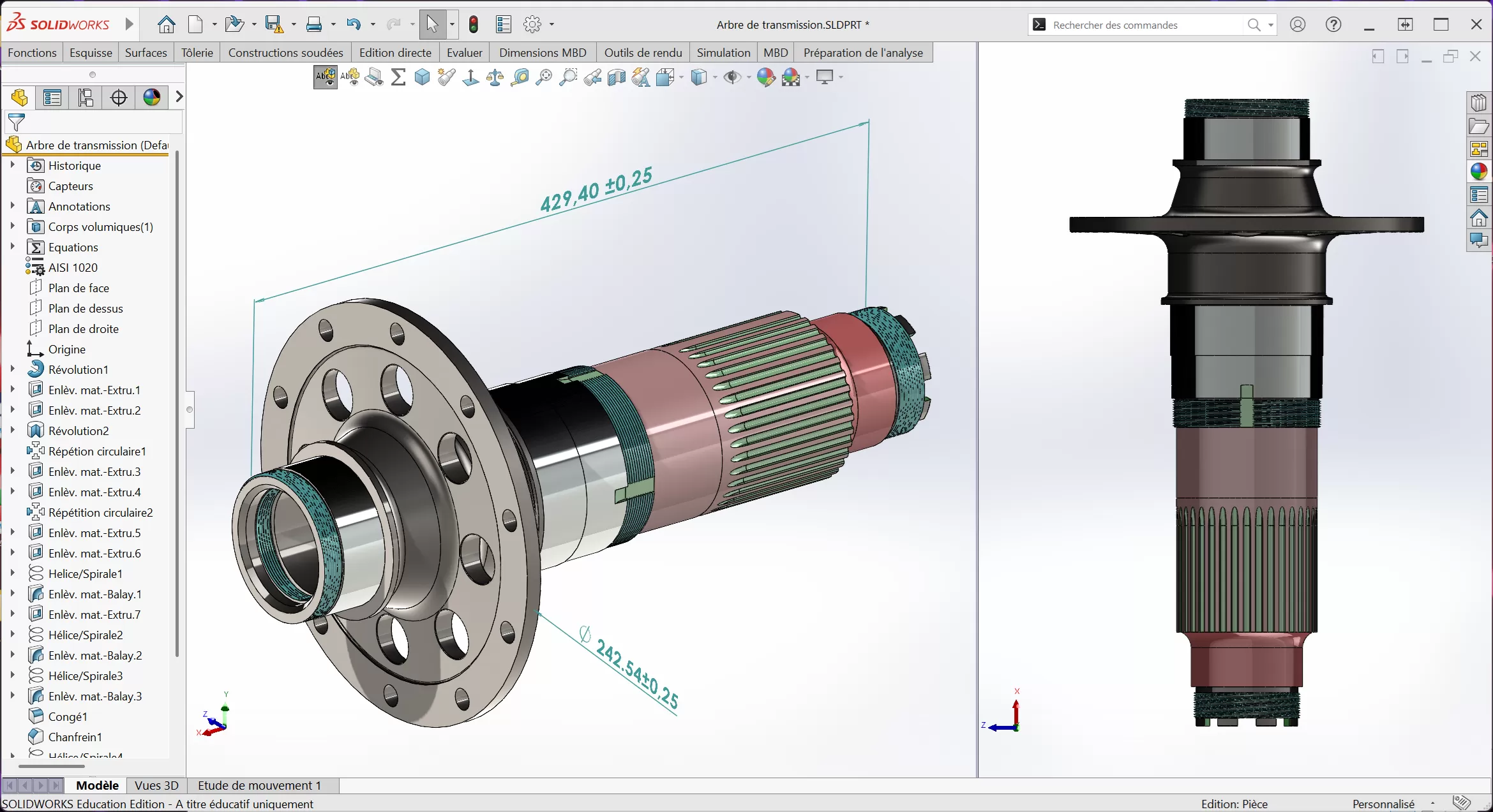 Assemblage mécanique complexe modélisé sur SolidWorks montrant un arbre de transmission avec contraintes et cotations industrielles