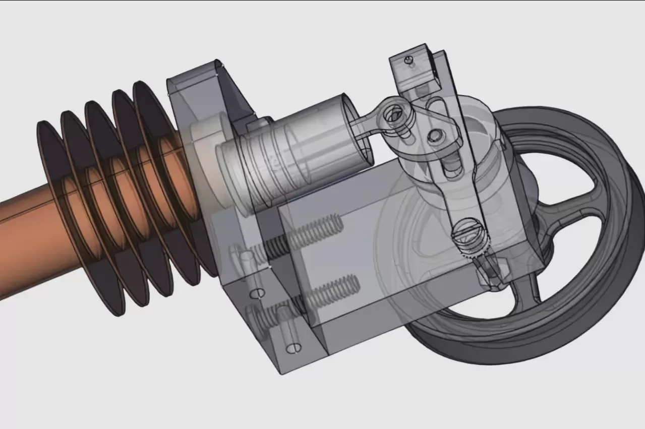 Vue 3D d’un assemblage mécanique dans FreeCAD avec arbre, soufflet, boîtier et volant, contraint pour simuler le mouvement