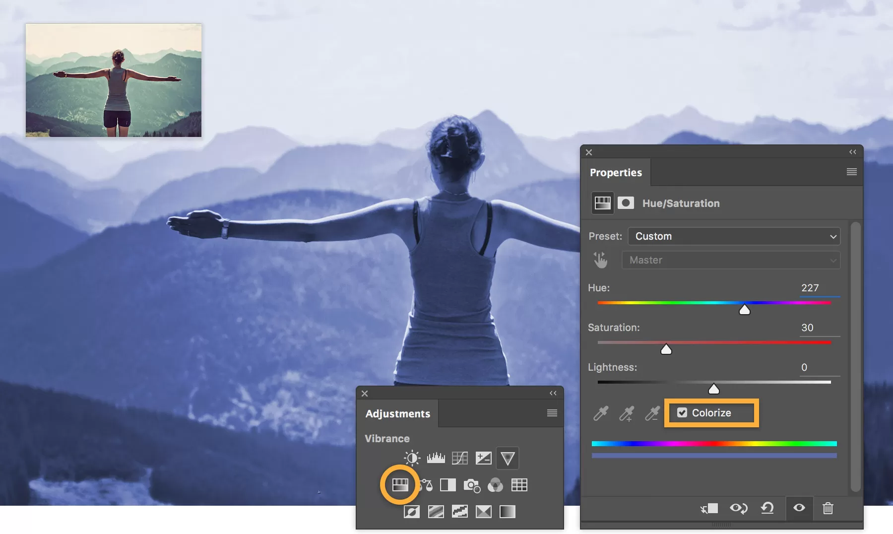 Interface Photoshop avec réglages de teinte et saturation pour optimiser un flux de travail en retouche photo