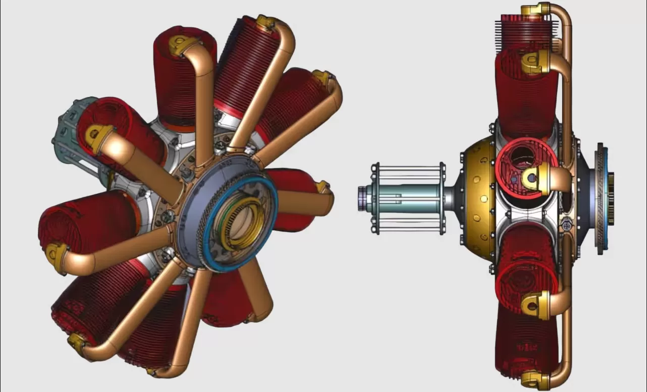 Assemblage 3D paramétrique d'un moteur radial modélisé sous FreeCAD — vue de face et vue latérale éclatée