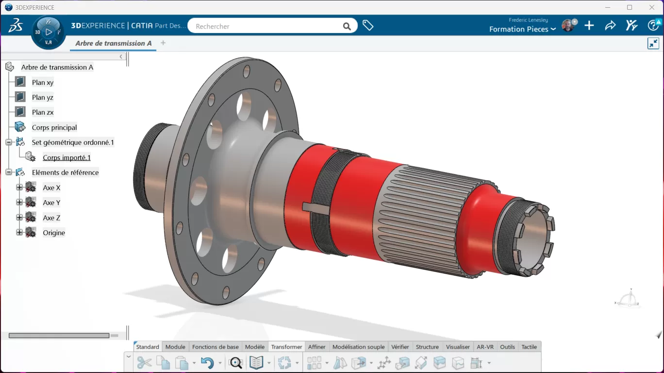 Modélisation d'un arbre de transmission sous CATIA Part Design dans l'environnement 3DEXPERIENCE — arbre de construction structuré visible à gauche
