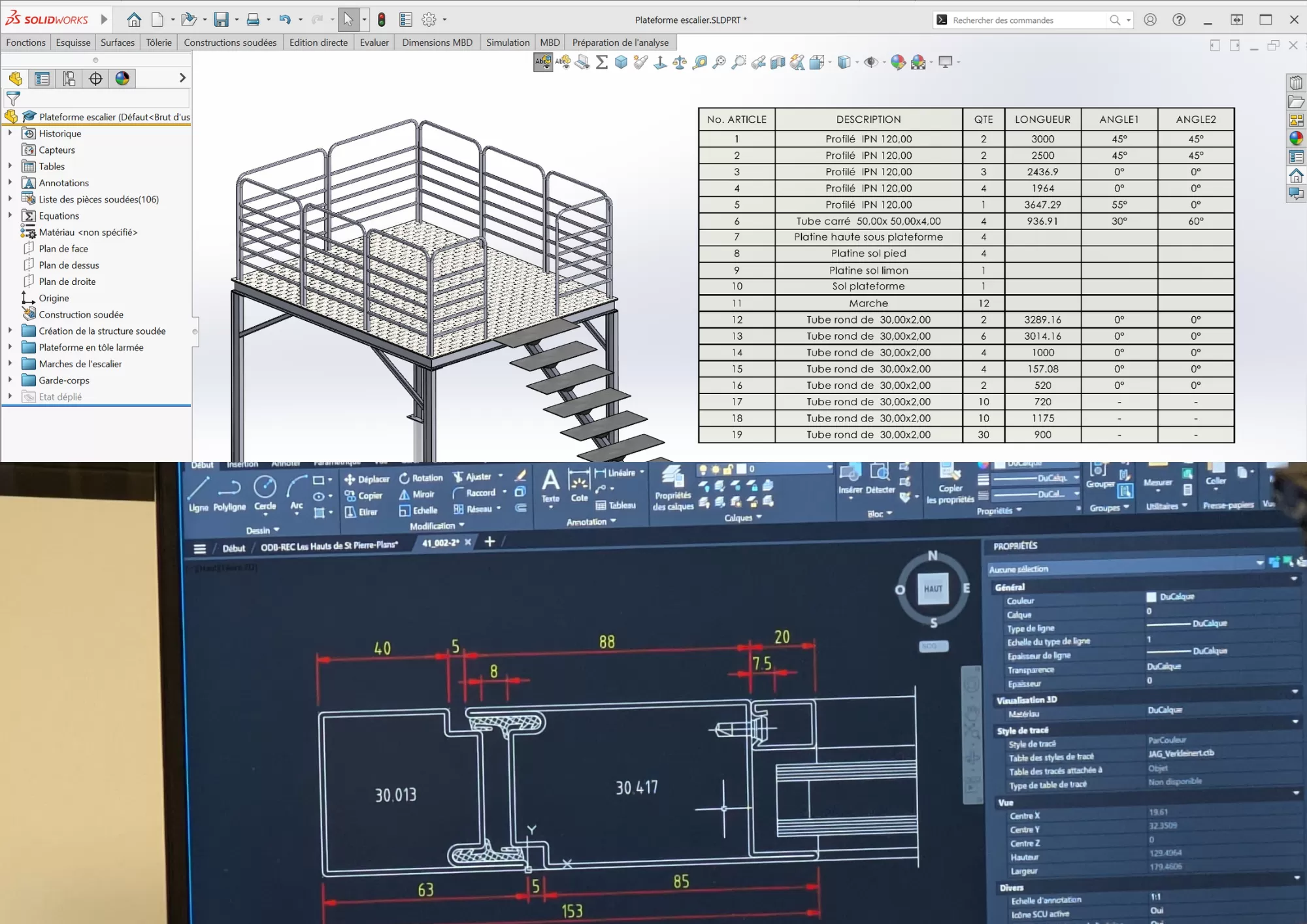 Interface SolidWorks avec modèle 3D d'une plateforme escalier et nomenclature de construction soudée, superposée à un plan coté AutoCAD avec gestion des calques