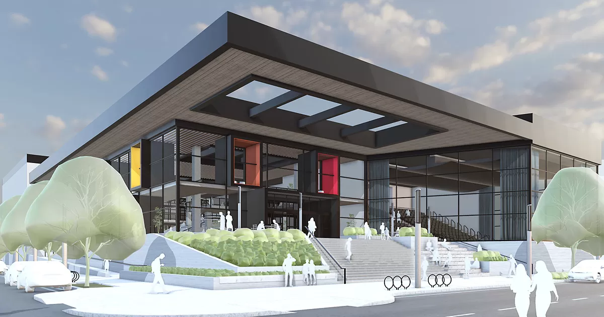 Rendu architectural d'un bâtiment contemporain produit sous SketchUp avec finition IA — façade vitrée, entourage stylisé et ambiance ciel réaliste