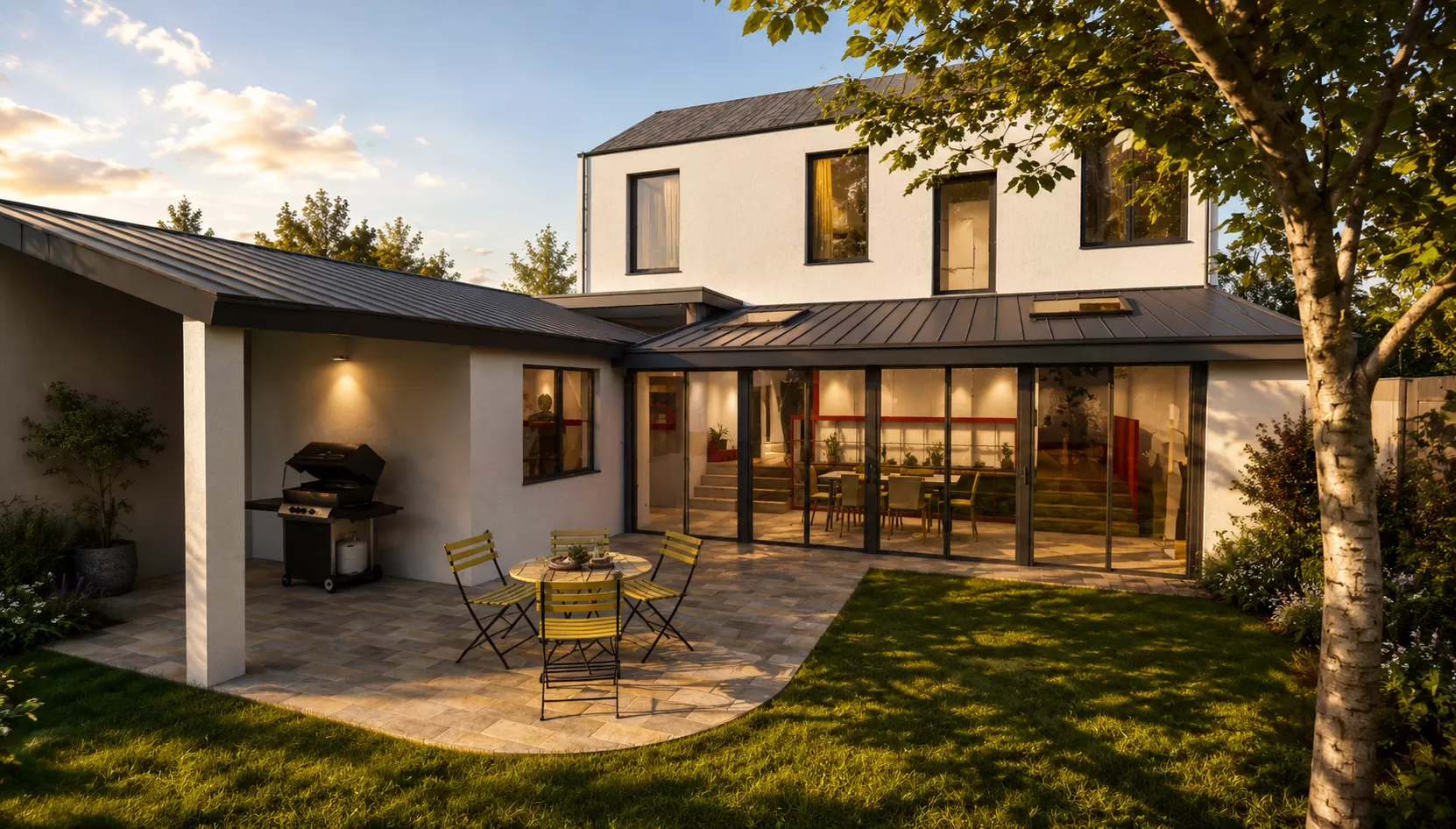 Rendu 3D extérieur d'une maison contemporaine en heure dorée — ambiance lumineuse, végétation et mobilier de terrasse générés pour une présentation architecturale réaliste