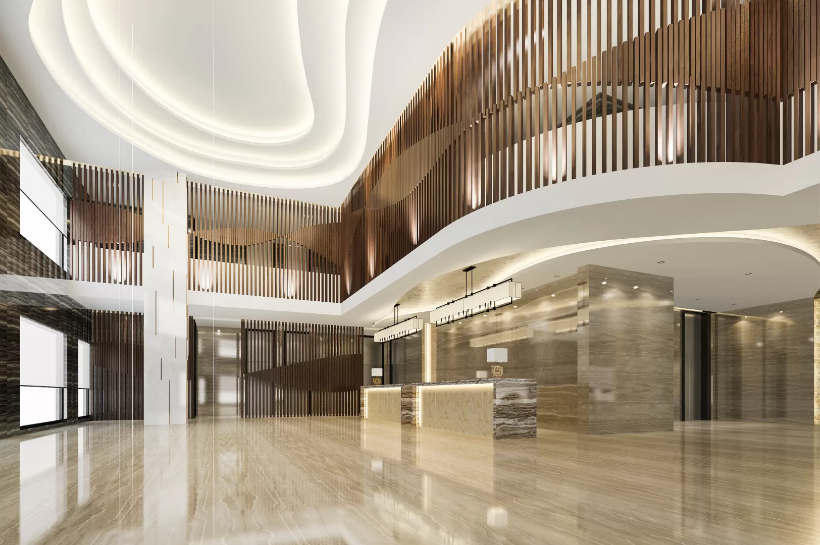 Modélisation BIM d'un hall d'entrée moderne avec banque d'accueil en marbre, réalisée avec ArchiCAD ou Revit