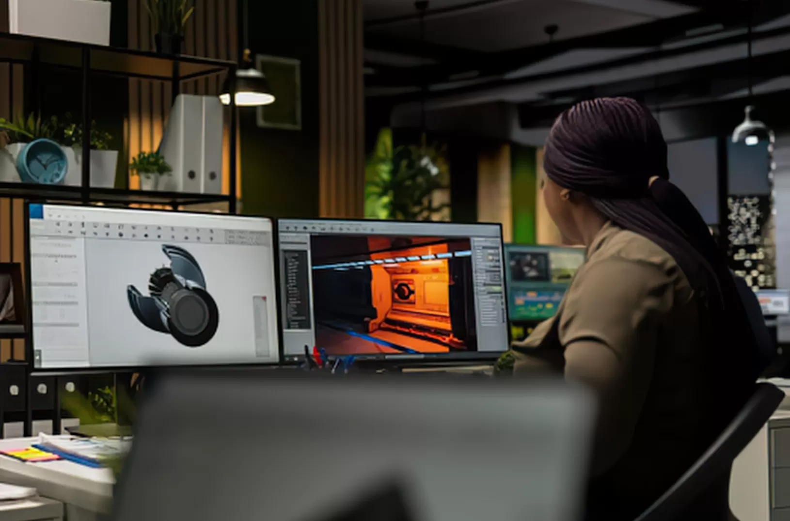 Ingénieure travaillant sur un modèle 3D de pièce mécanique avec un logiciel de CAO type Autodesk Inventor, sur double écran