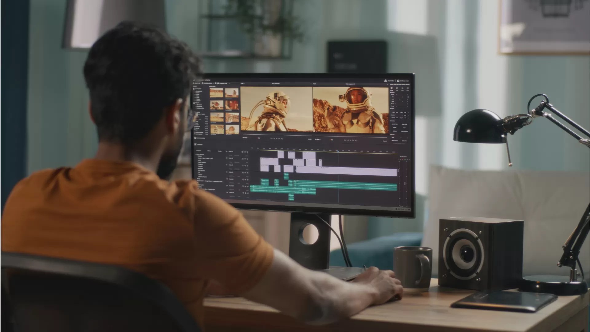 Monteur vidéo travaillant sur un logiciel de montage professionnel type Premiere Pro, avec timeline et pistes audio/vidéo