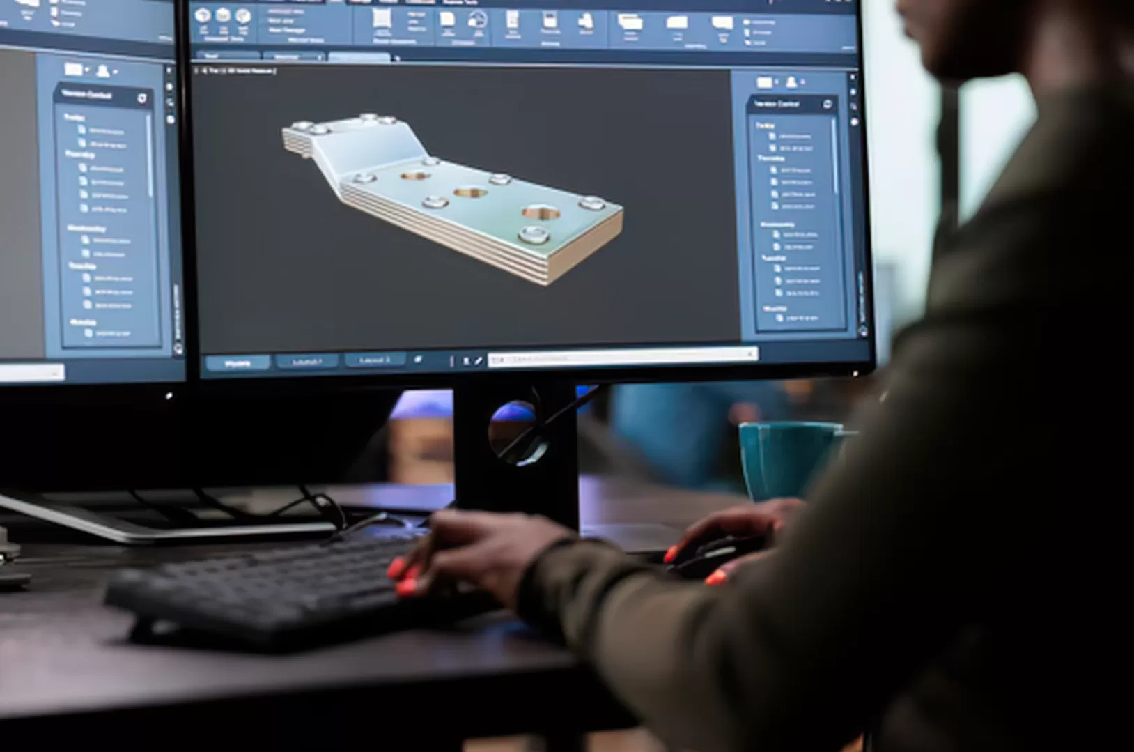 Ingénieur concevant une pièce mécanique en 3D sur un logiciel de CAO paramétrique type Fusion 360, avec gestion de version des fichiers